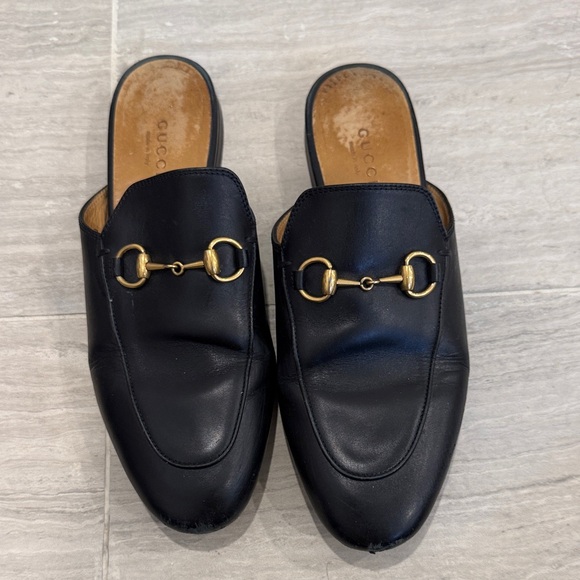 Gucci Princeton Black Leather Mules with Gold Accents 36 1/2